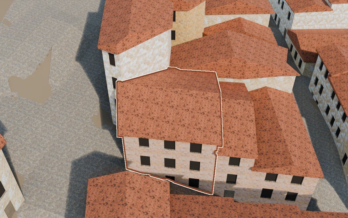 Manzana 53, n.º 13 en la reconstrucción 3D, vista desde el lado en que mejor se ve, con su contorno marcado en teja entre las casas de alrededor
