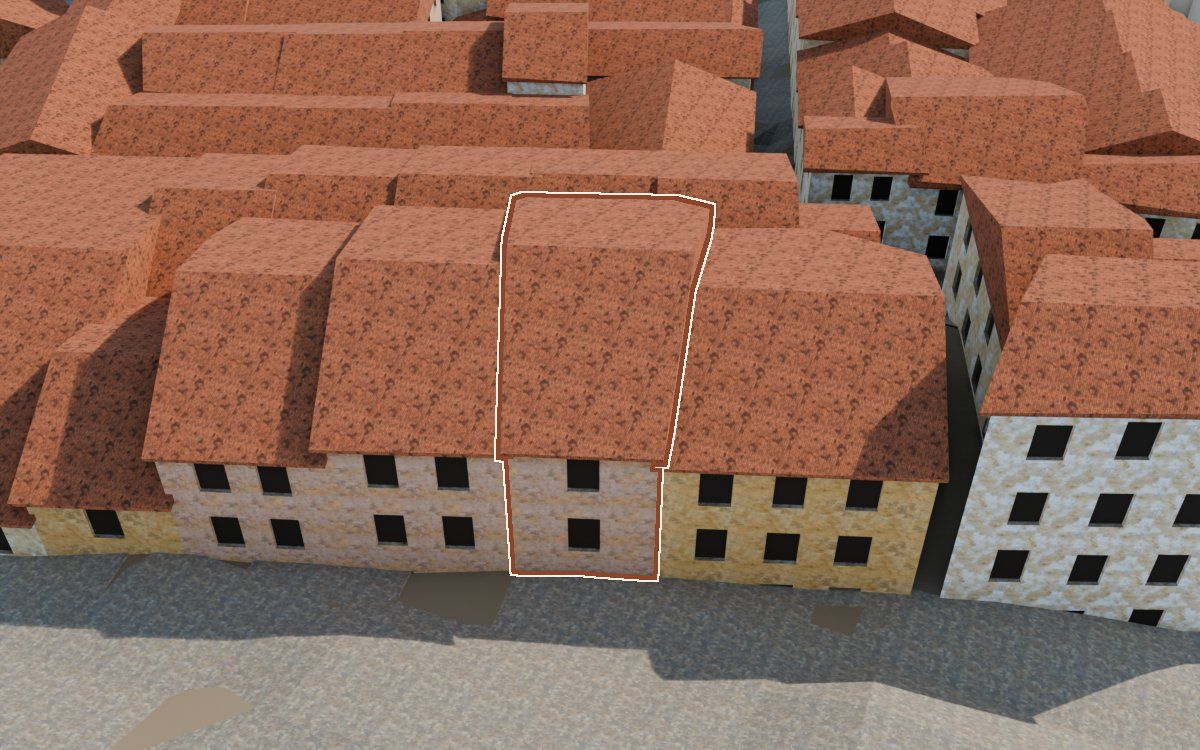 Manzana 53, n.º 17 en la reconstrucción 3D, vista desde el lado en que mejor se ve, con su contorno marcado en teja entre las casas de alrededor