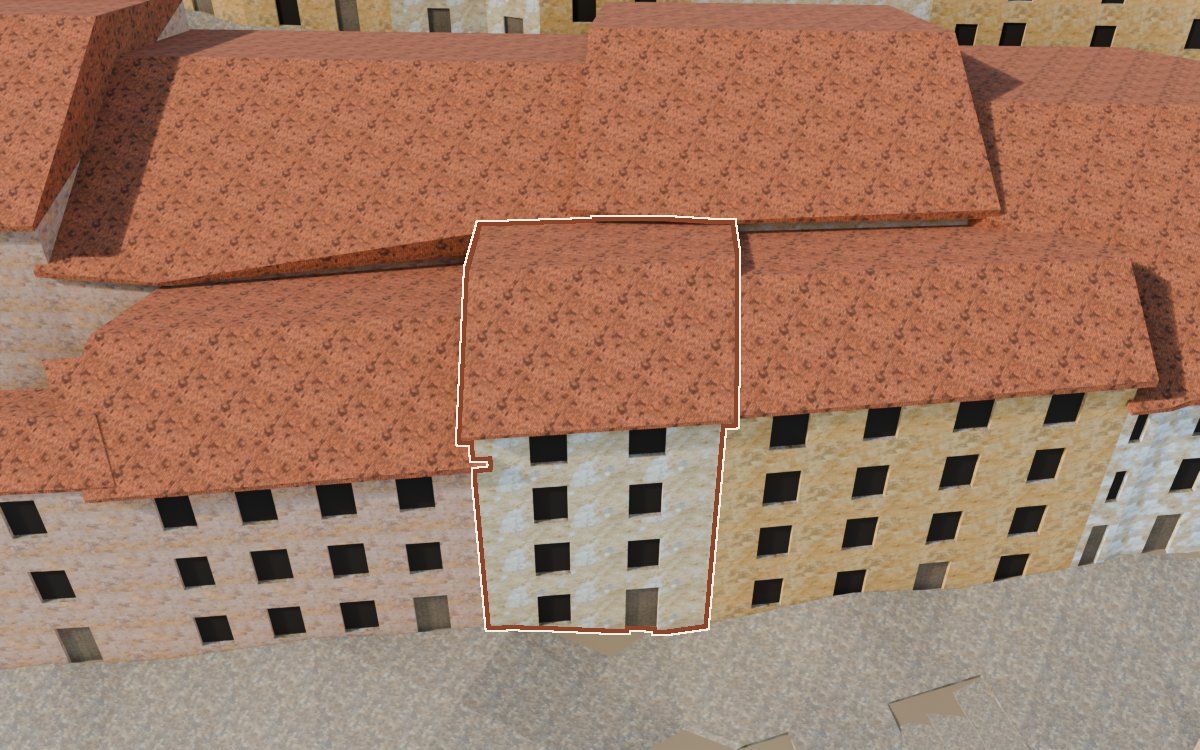 Casa del Carrer Saragossa (Calle Zaragoza) en la reconstrucción 3D, vista desde el lado en que mejor se ve, con su contorno marcado en teja entre las casas de alrededor