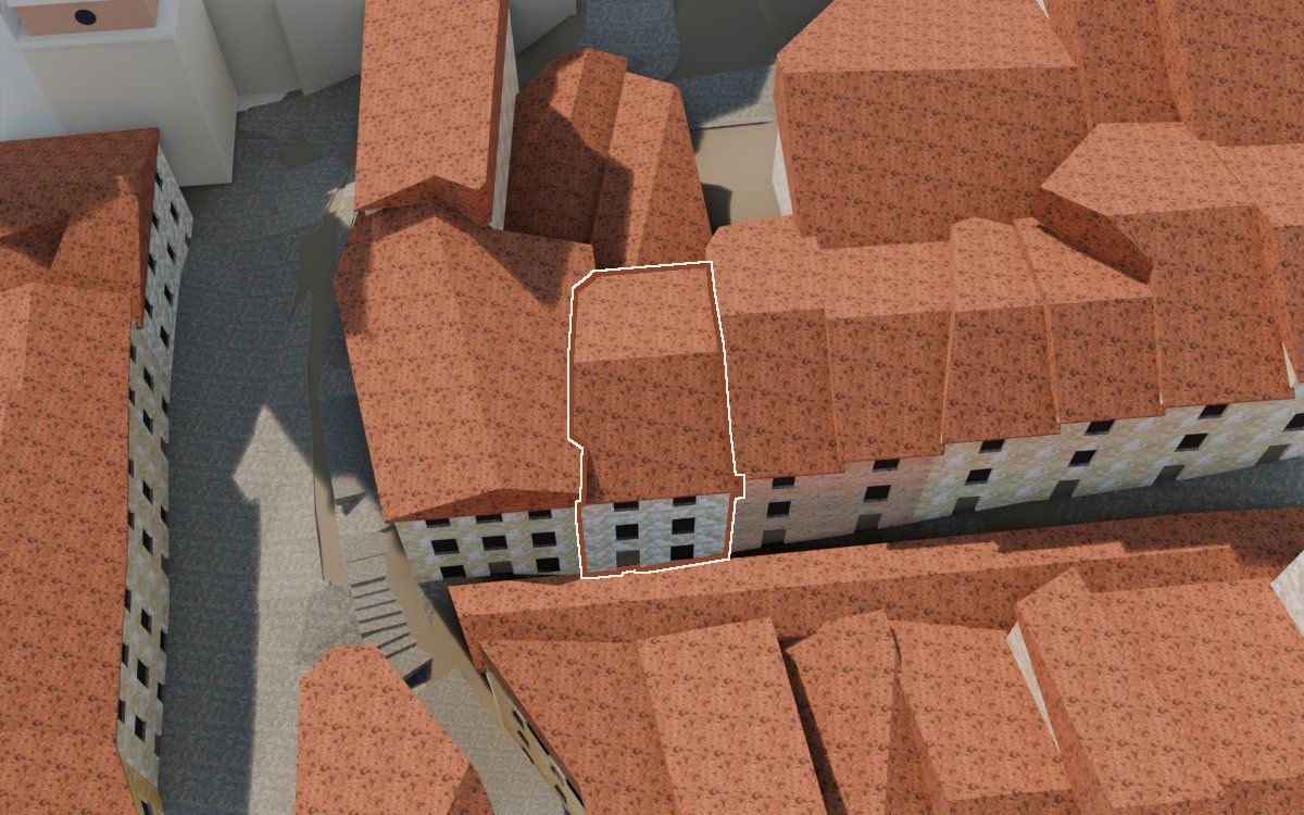 Manzana 32, n.º 27 en la reconstrucción 3D, vista desde el lado en que mejor se ve, con su contorno marcado en teja entre las casas de alrededor