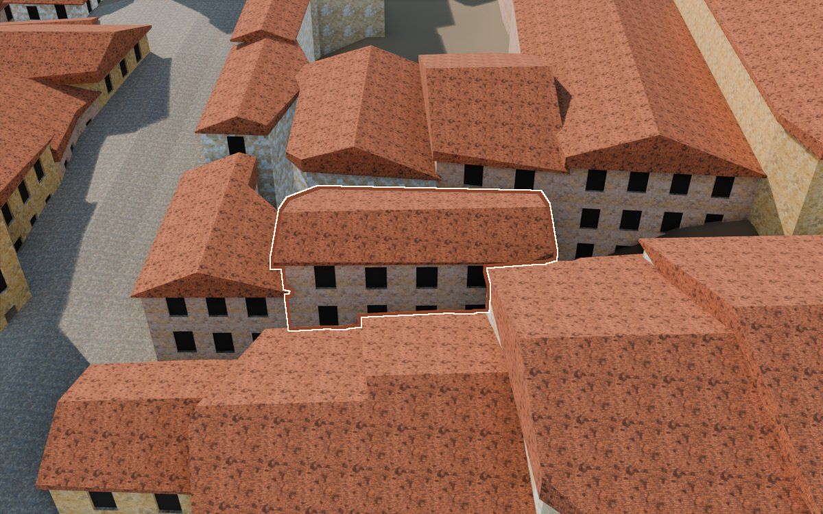 Casa del Carrer la Morera (Calle de la Morera) en la reconstrucción 3D, vista desde su calle, con su contorno marcado en teja entre las casas de alrededor