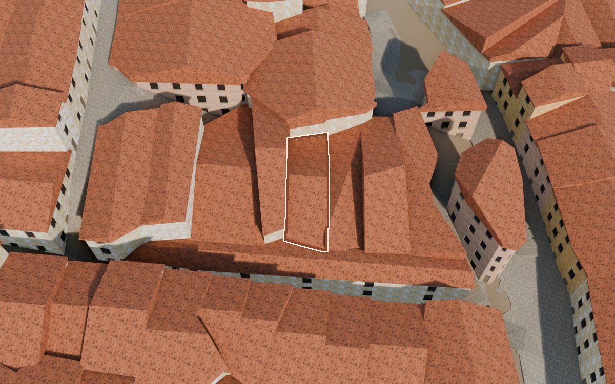 Casa del Carrer Fraga de Dalt (Calle Alta de Fraga) en la reconstrucción 3D, vista desde el lado en que mejor se ve, con su contorno marcado en teja entre las casas de alrededor