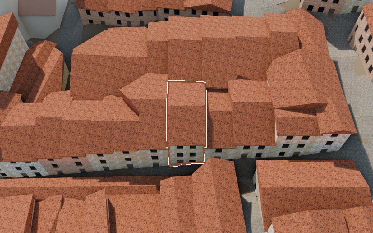 Manzana 32, n.º 21 en la reconstrucción 3D, vista desde el lado en que mejor se ve, con su contorno marcado en teja entre las casas de alrededor