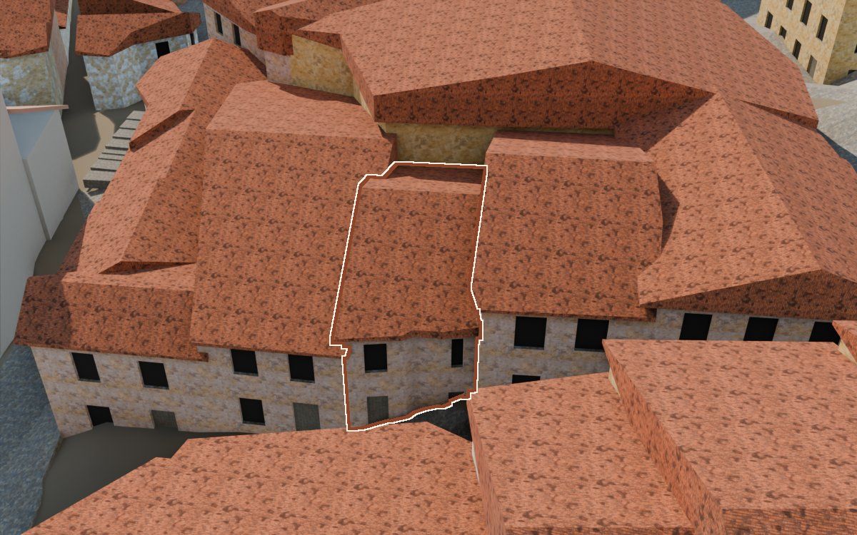 Manzana 31, n.º 19 en la reconstrucción 3D, vista desde su calle, con su contorno marcado en teja entre las casas de alrededor