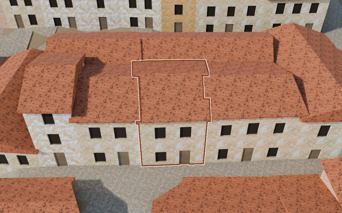 Manzana 40, n.º 11 en la reconstrucción 3D, vista desde el lado en que mejor se ve, con su contorno marcado en teja entre las casas de alrededor