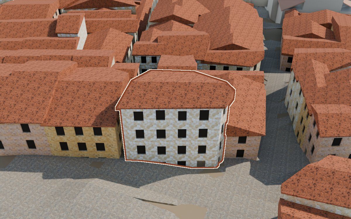 Manzana 53, n.º 15 en la reconstrucción 3D, vista desde su calle, con su contorno marcado en teja entre las casas de alrededor