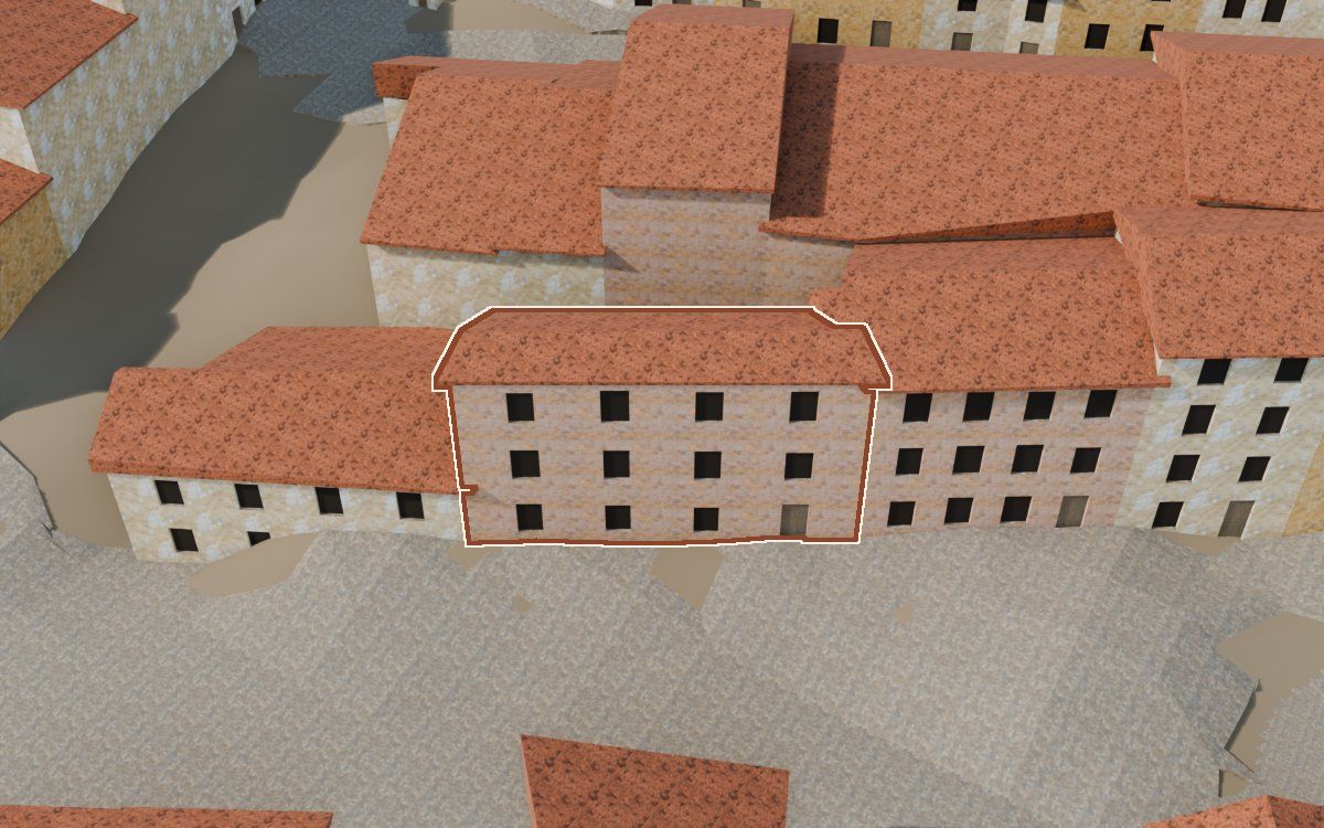 Manzana 30, n.º 24 en la reconstrucción 3D, vista desde su calle, con su contorno marcado en teja entre las casas de alrededor