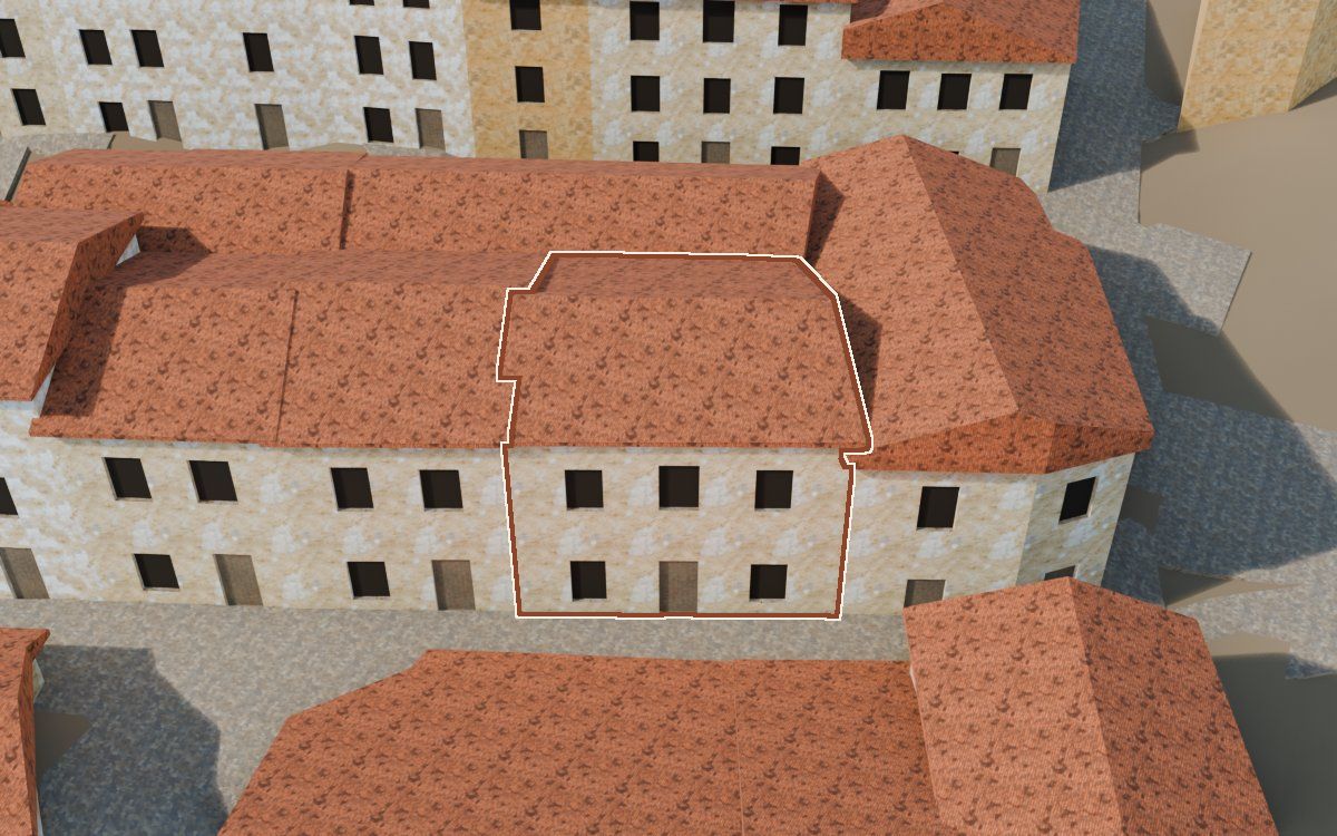 Manzana 40, n.º 10 en la reconstrucción 3D, vista desde su calle, con su contorno marcado en teja entre las casas de alrededor