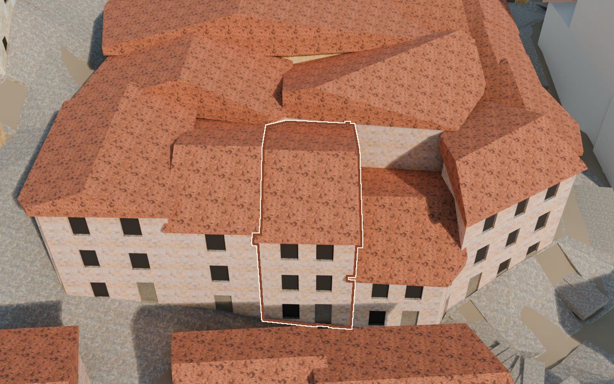 Manzana 31, n.º 10 en la reconstrucción 3D, vista desde el lado en que mejor se ve, con su contorno marcado en teja entre las casas de alrededor