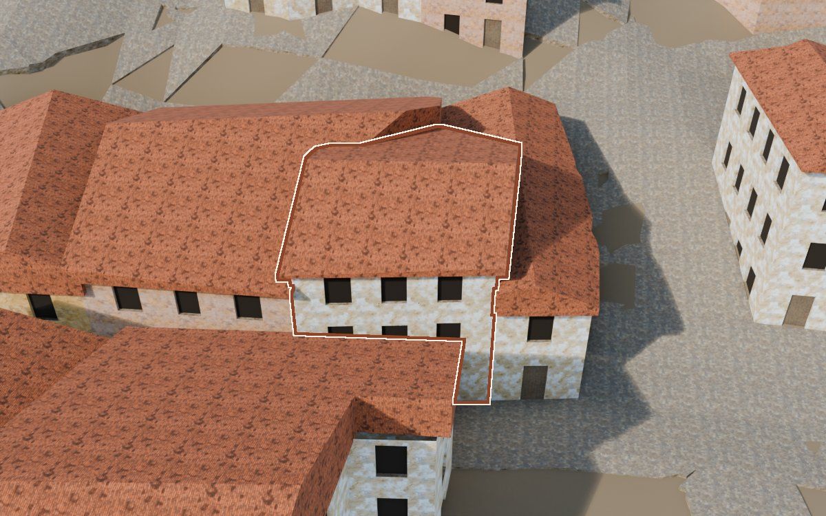 Manzana 45, n.º 3 en la reconstrucción 3D, vista desde su calle, con su contorno marcado en teja entre las casas de alrededor