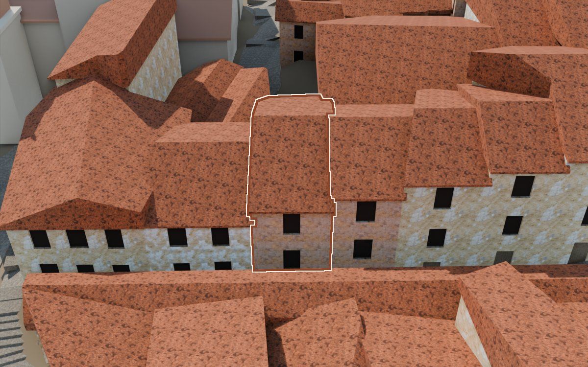 Manzana 32, n.º 26 en la reconstrucción 3D, vista desde su calle, con su contorno marcado en teja entre las casas de alrededor