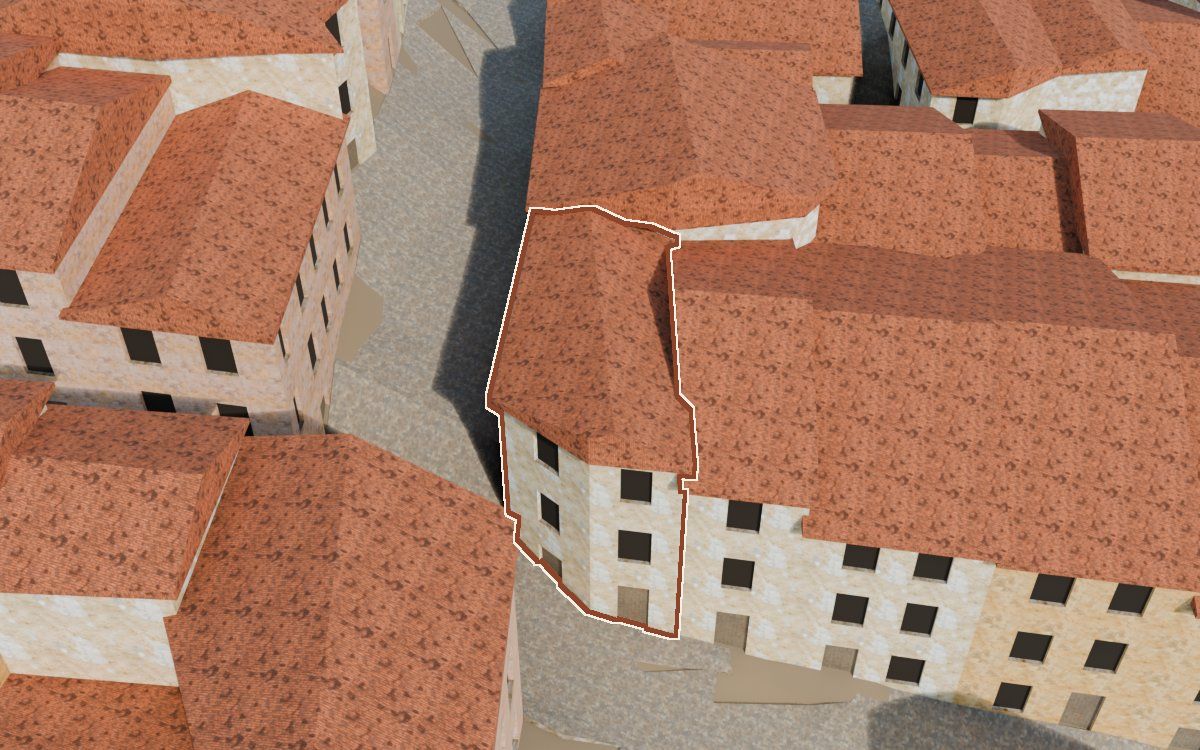 Manzana 32, n.º 14 en la reconstrucción 3D, vista desde el lado en que mejor se ve, con su contorno marcado en teja entre las casas de alrededor