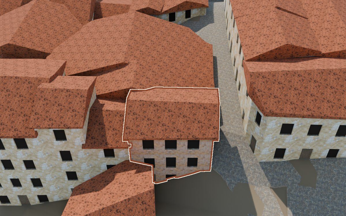 Manzana 33, n.º 8 en la reconstrucción 3D, vista desde el lado en que mejor se ve, con su contorno marcado en teja entre las casas de alrededor