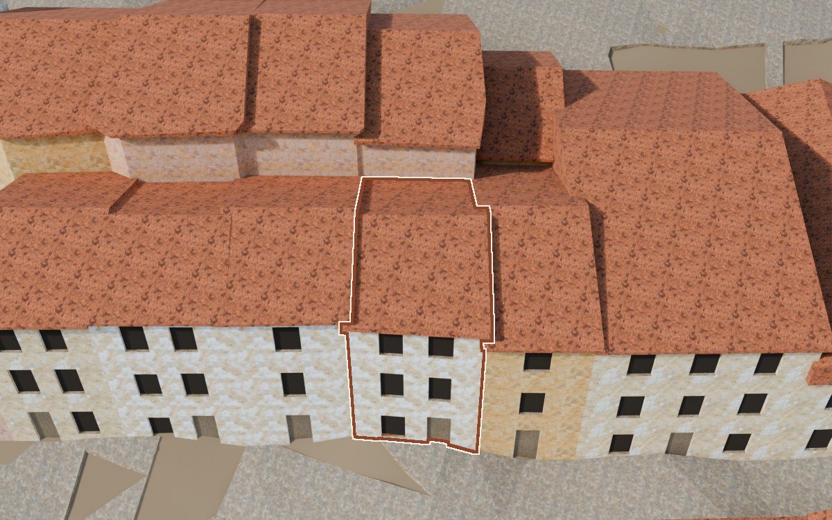 Casa del Carrer la Parra (Calle La Parra) en la reconstrucción 3D, vista desde el lado en que mejor se ve, con su contorno marcado en teja entre las casas de alrededor