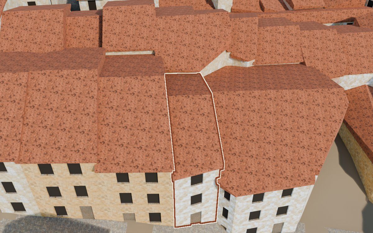 Manzana 32, n.º 9 en la reconstrucción 3D, vista desde el lado en que mejor se ve, con su contorno marcado en teja entre las casas de alrededor