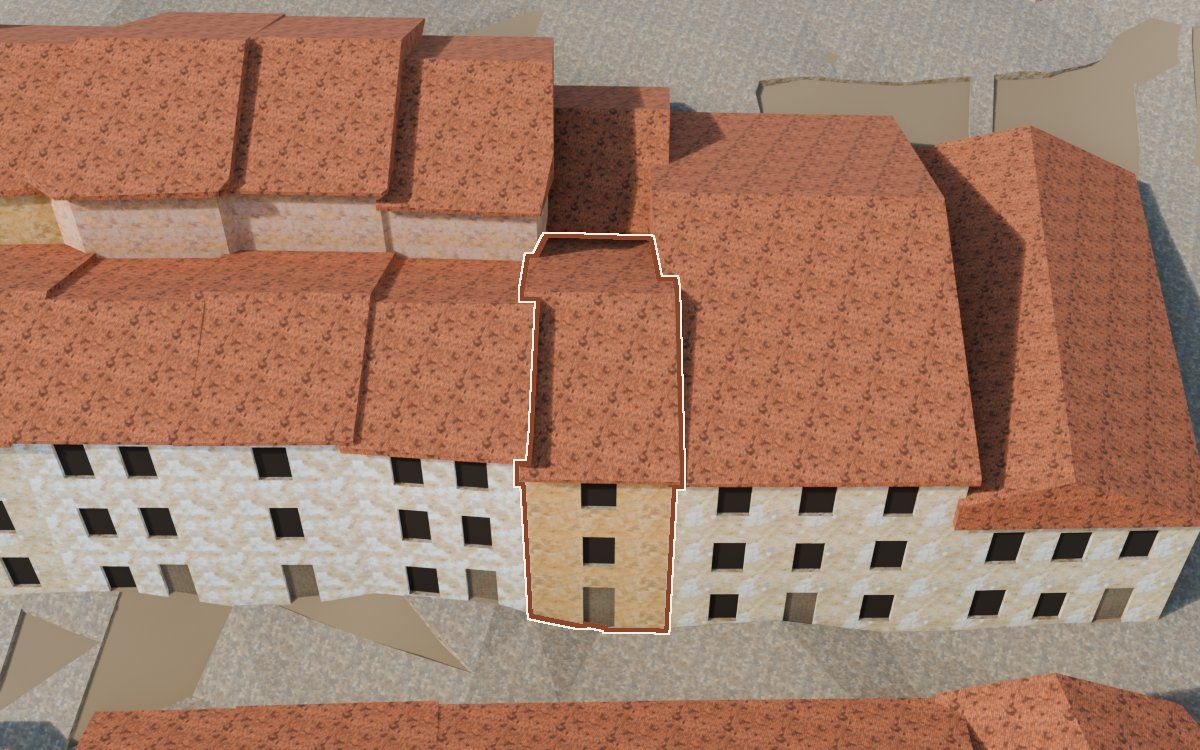 Manzana 53, n.º 2 en la reconstrucción 3D, vista desde el lado en que mejor se ve, con su contorno marcado en teja entre las casas de alrededor