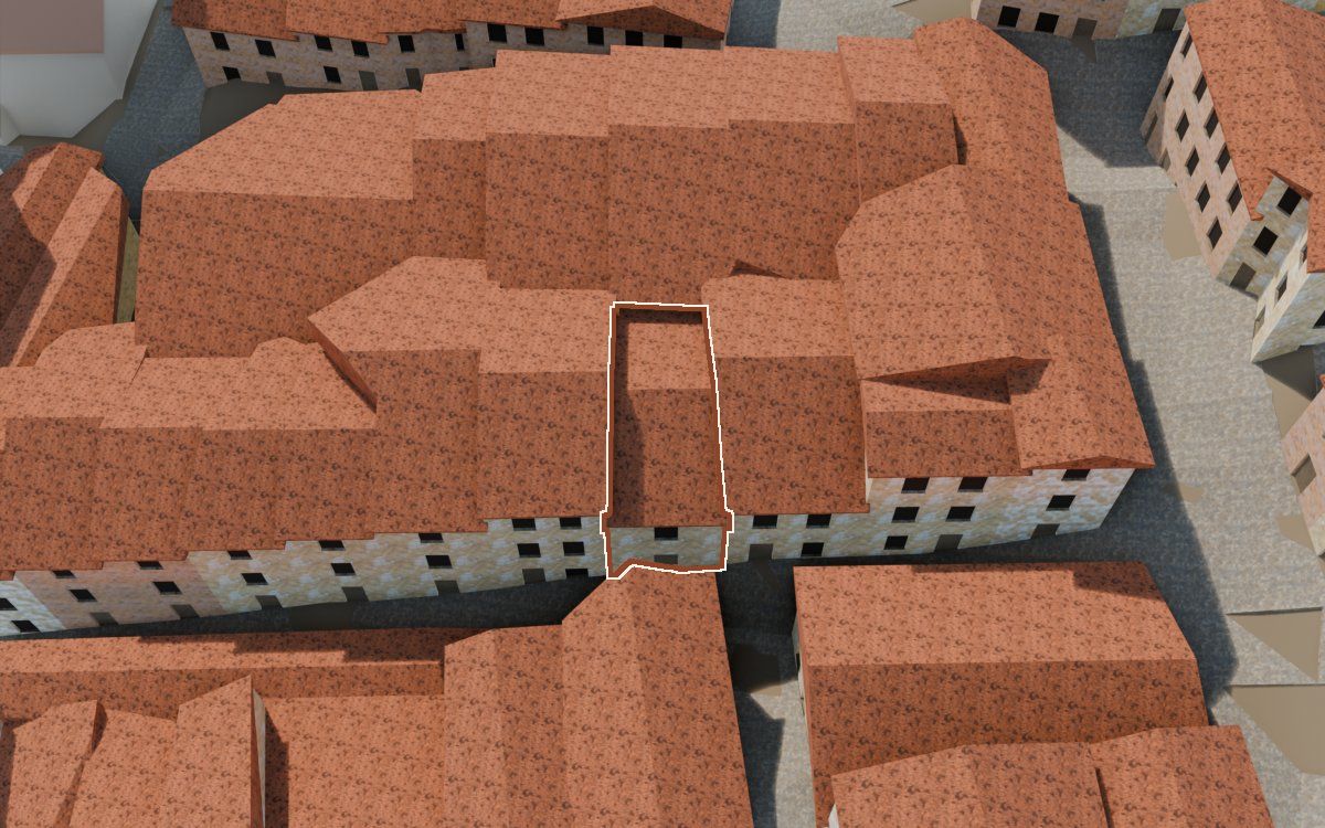 Manzana 32, n.º 20 en la reconstrucción 3D, vista desde el lado en que mejor se ve, con su contorno marcado en teja entre las casas de alrededor