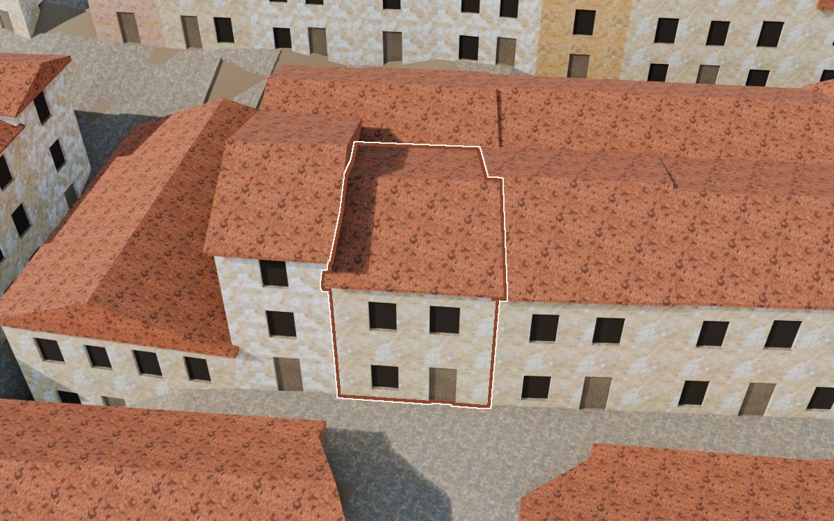 Manzana 40, n.º 14 en la reconstrucción 3D, vista desde el lado en que mejor se ve, con su contorno marcado en teja entre las casas de alrededor