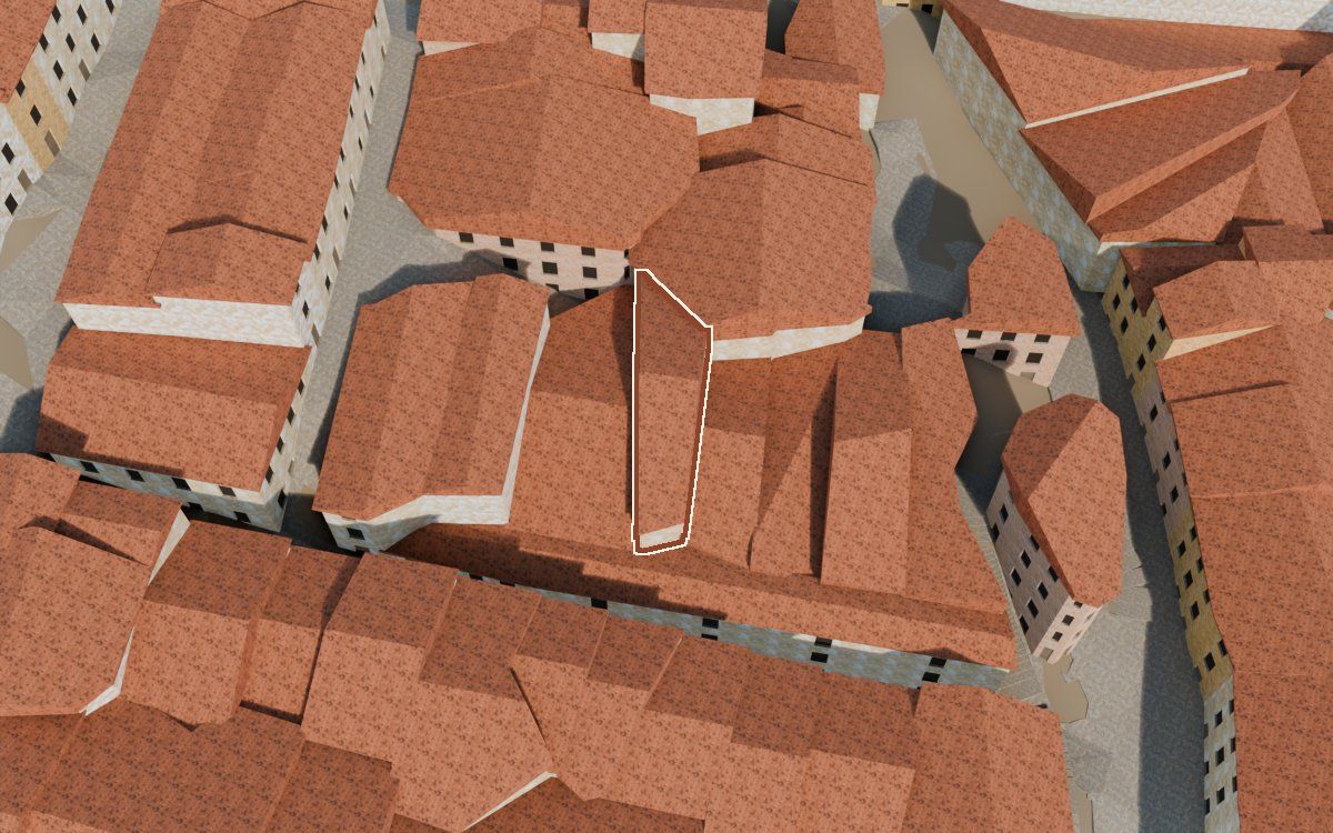Casa del Carrer de l'Amargura (Calle de la Amargura) en la reconstrucción 3D, vista desde el lado en que mejor se ve, con su contorno marcado en teja entre las casas de alrededor