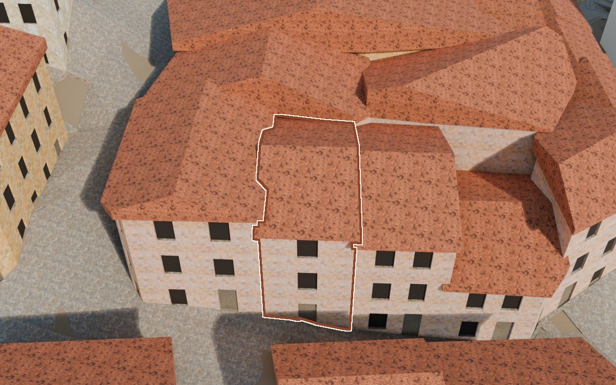Manzana 31, n.º 11 en la reconstrucción 3D, vista desde el lado en que mejor se ve, con su contorno marcado en teja entre las casas de alrededor
