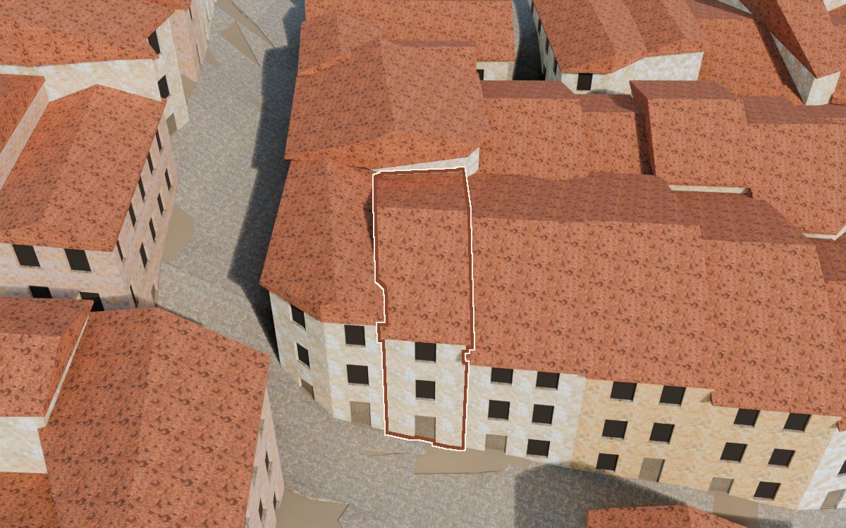 Manzana 32, n.º 13 en la reconstrucción 3D, vista desde el lado en que mejor se ve, con su contorno marcado en teja entre las casas de alrededor