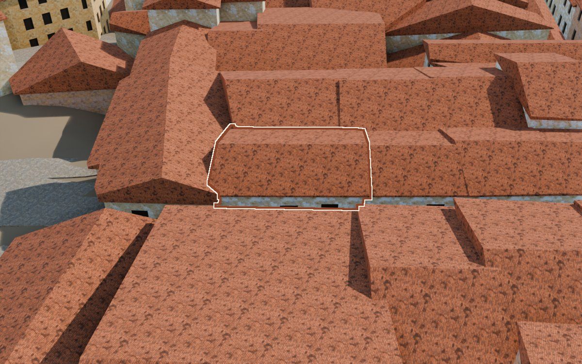 Manzana 40, n.º 4 en la reconstrucción 3D, vista desde su calle, con su contorno marcado en teja entre las casas de alrededor