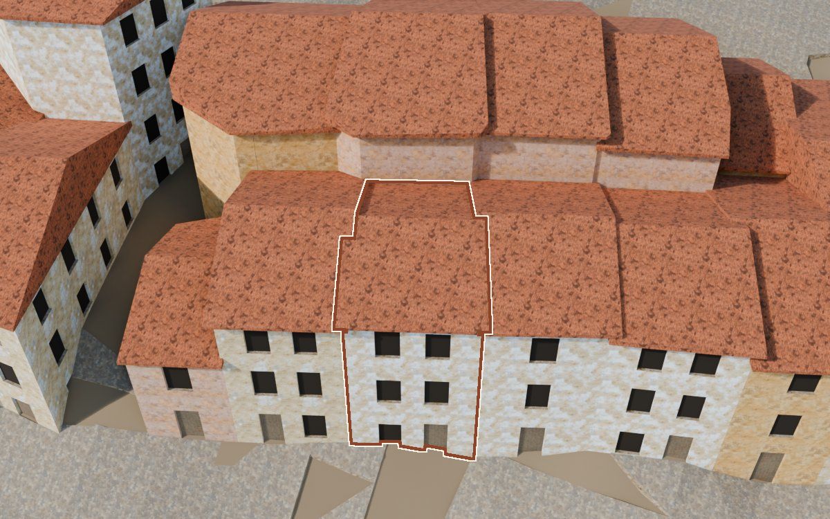 Manzana 53, n.º 5 en la reconstrucción 3D, vista desde el lado en que mejor se ve, con su contorno marcado en teja entre las casas de alrededor