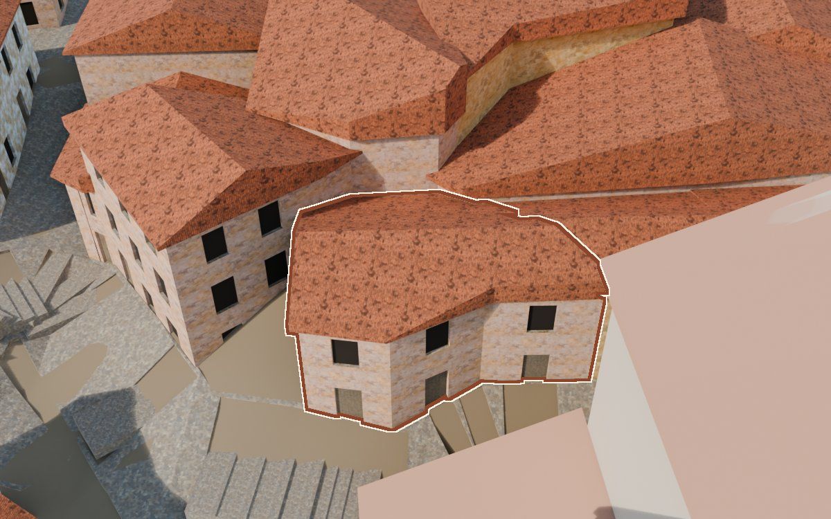 Manzana 31, n.º 4 y 7 en la reconstrucción 3D, vista desde el lado en que mejor se ve, con su contorno marcado en teja entre las casas de alrededor