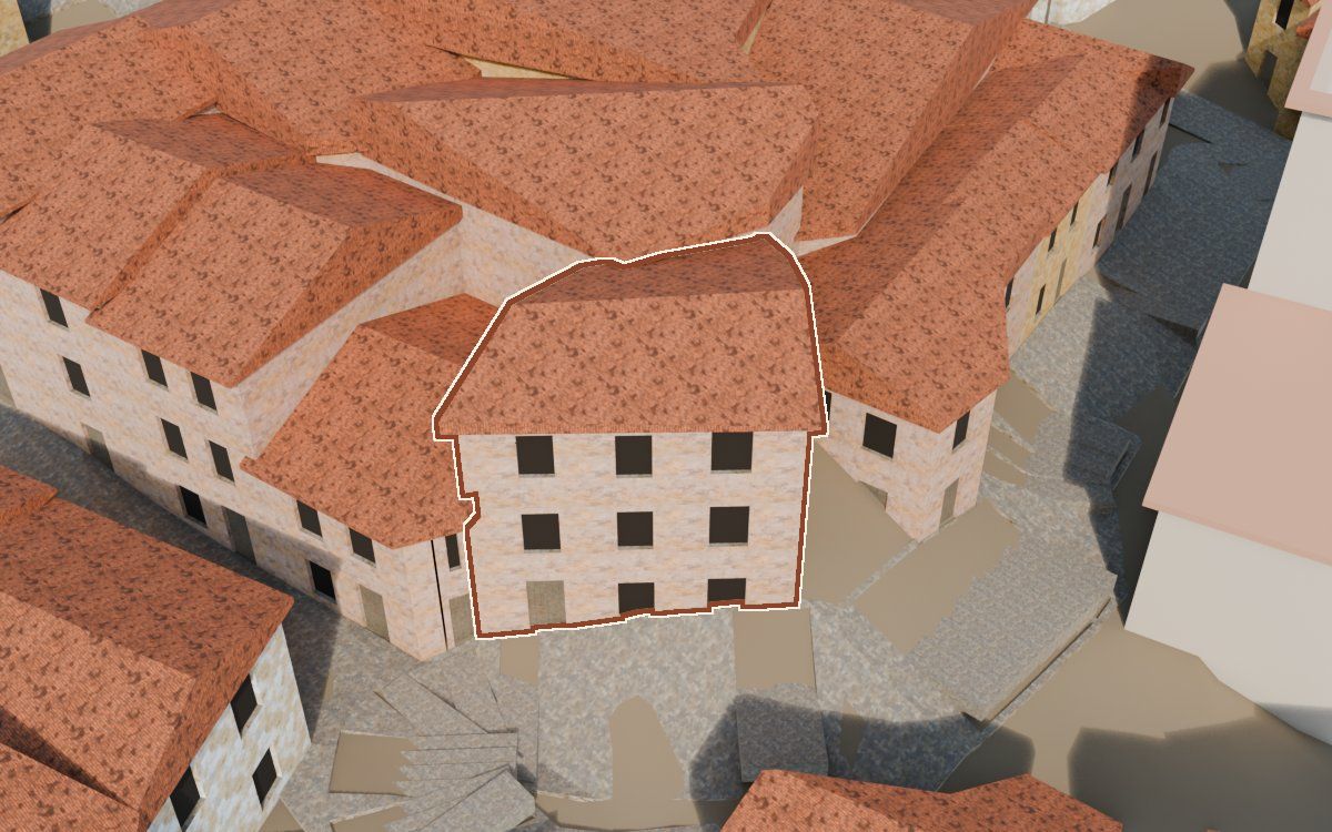Manzana 31, n.º 8 en la reconstrucción 3D, vista desde su calle, con su contorno marcado en teja entre las casas de alrededor