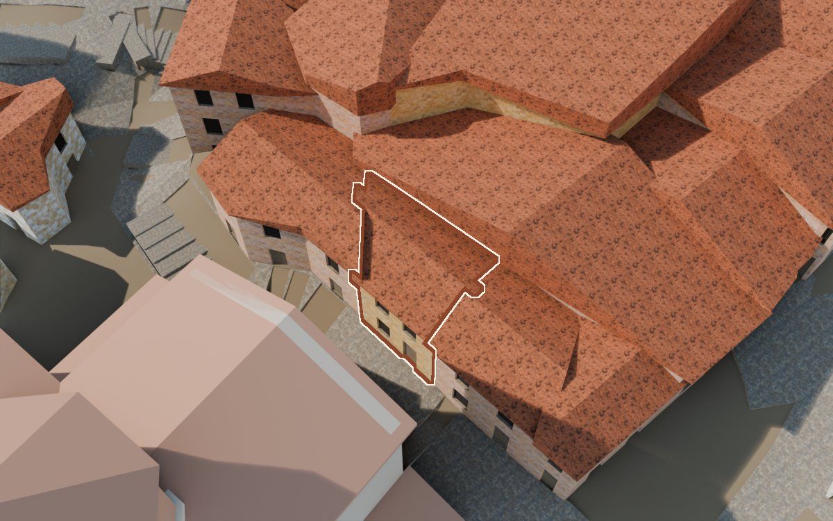 Manzana 31, n.º 2 en la reconstrucción 3D, vista desde el lado en que mejor se ve, con su contorno marcado en teja entre las casas de alrededor