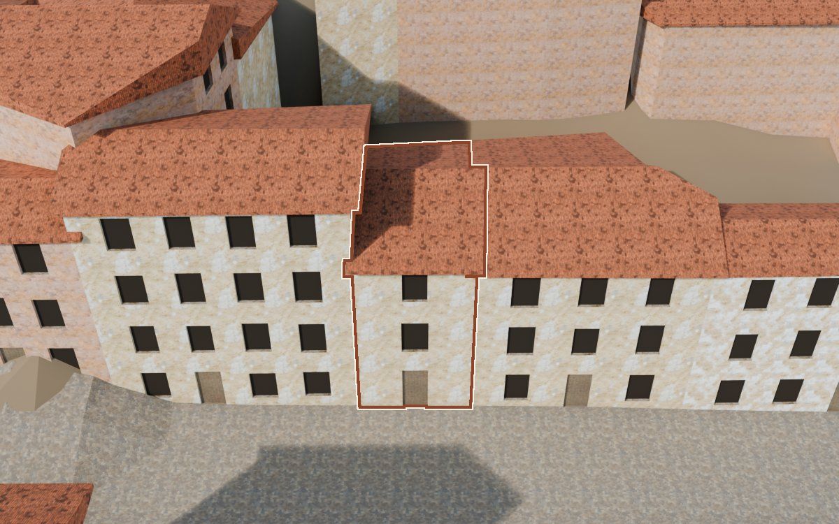 Casa del Carrer Saragossa (Calle Zaragoza) en la reconstrucción 3D, vista desde su calle, con su contorno marcado en teja entre las casas de alrededor
