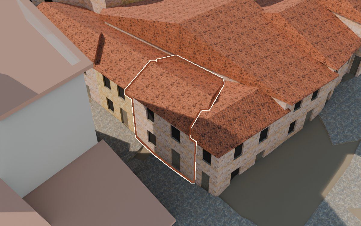 Manzana 31, n.º 3 en la reconstrucción 3D, vista desde el lado en que mejor se ve, con su contorno marcado en teja entre las casas de alrededor