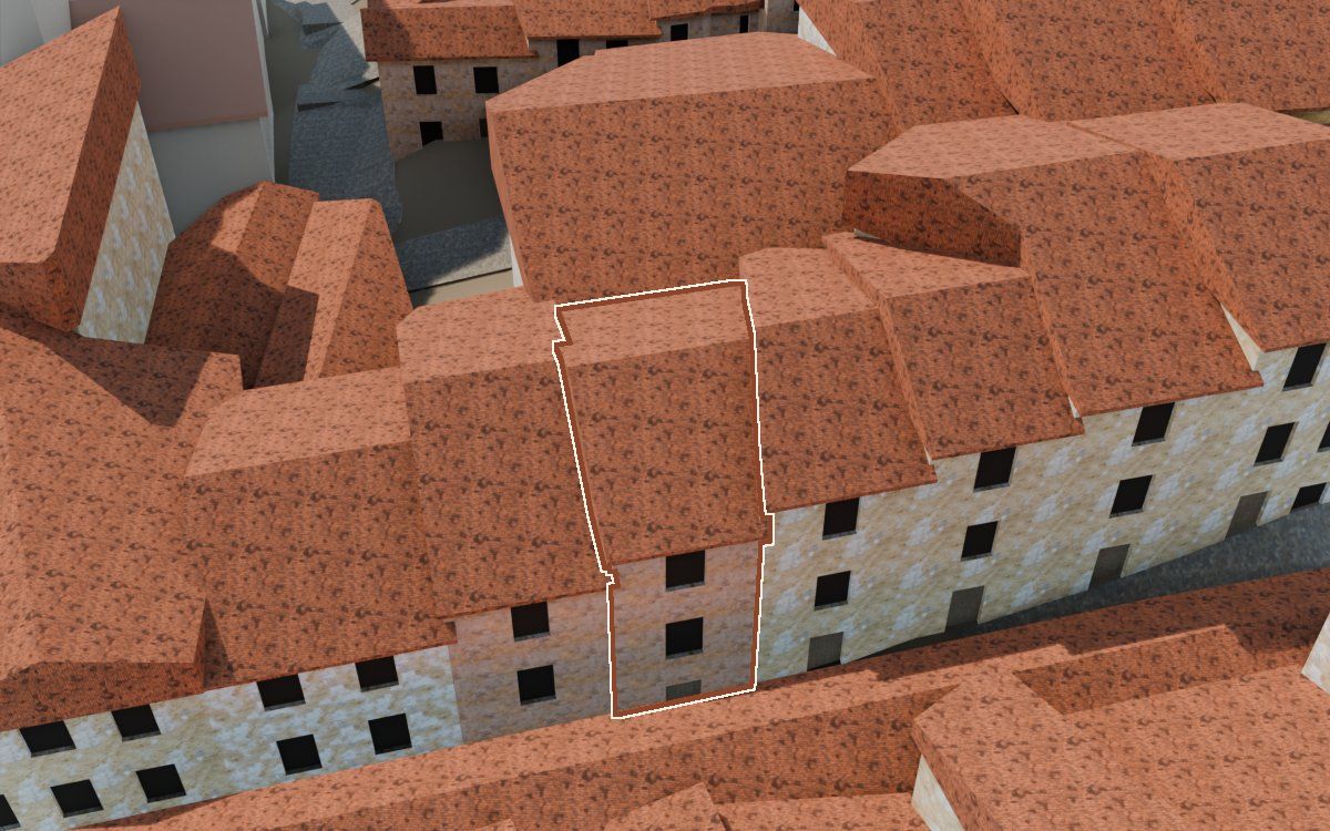 Manzana 32, n.º 25 en la reconstrucción 3D, vista desde el lado en que mejor se ve, con su contorno marcado en teja entre las casas de alrededor