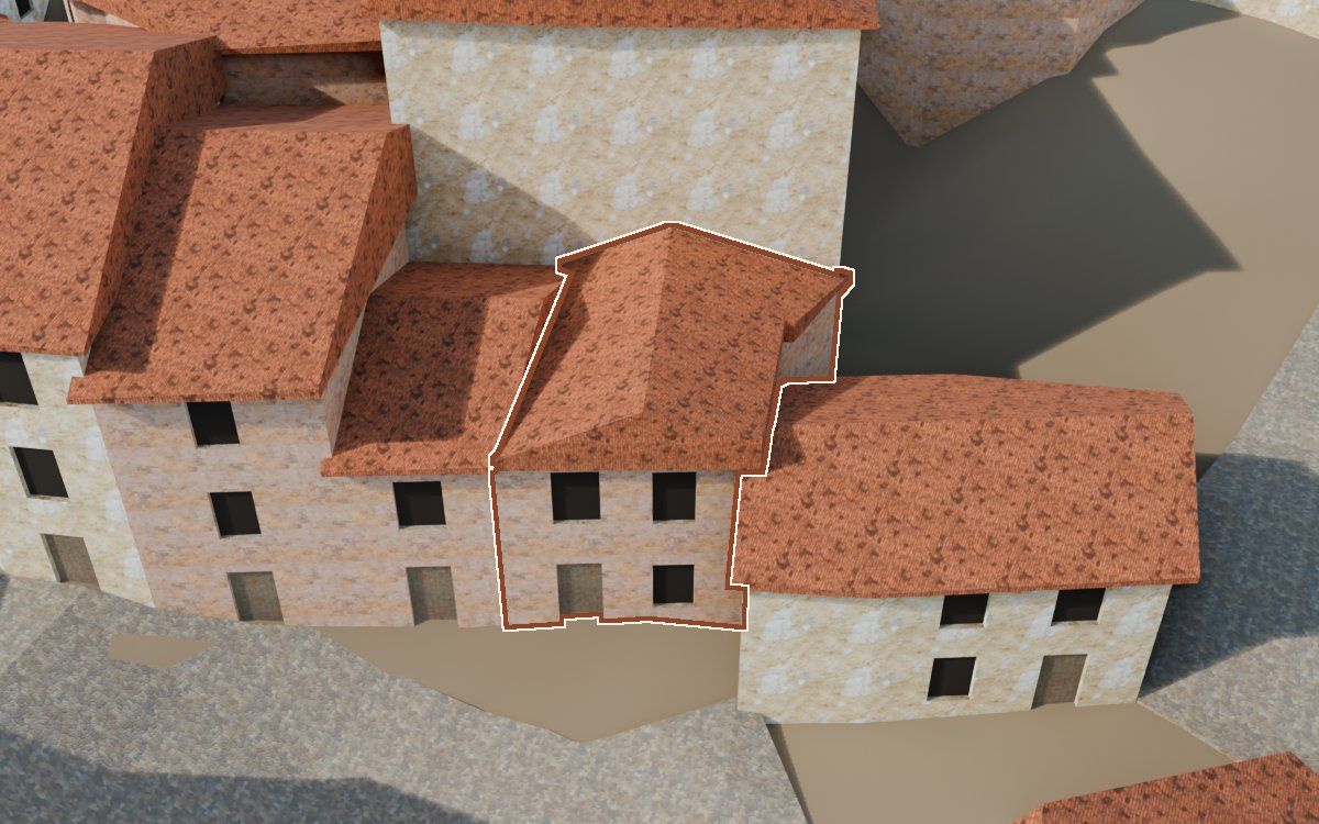 Manzana 33, n.º 26 y 5 en la reconstrucción 3D, vista desde su calle, con su contorno marcado en teja entre las casas de alrededor