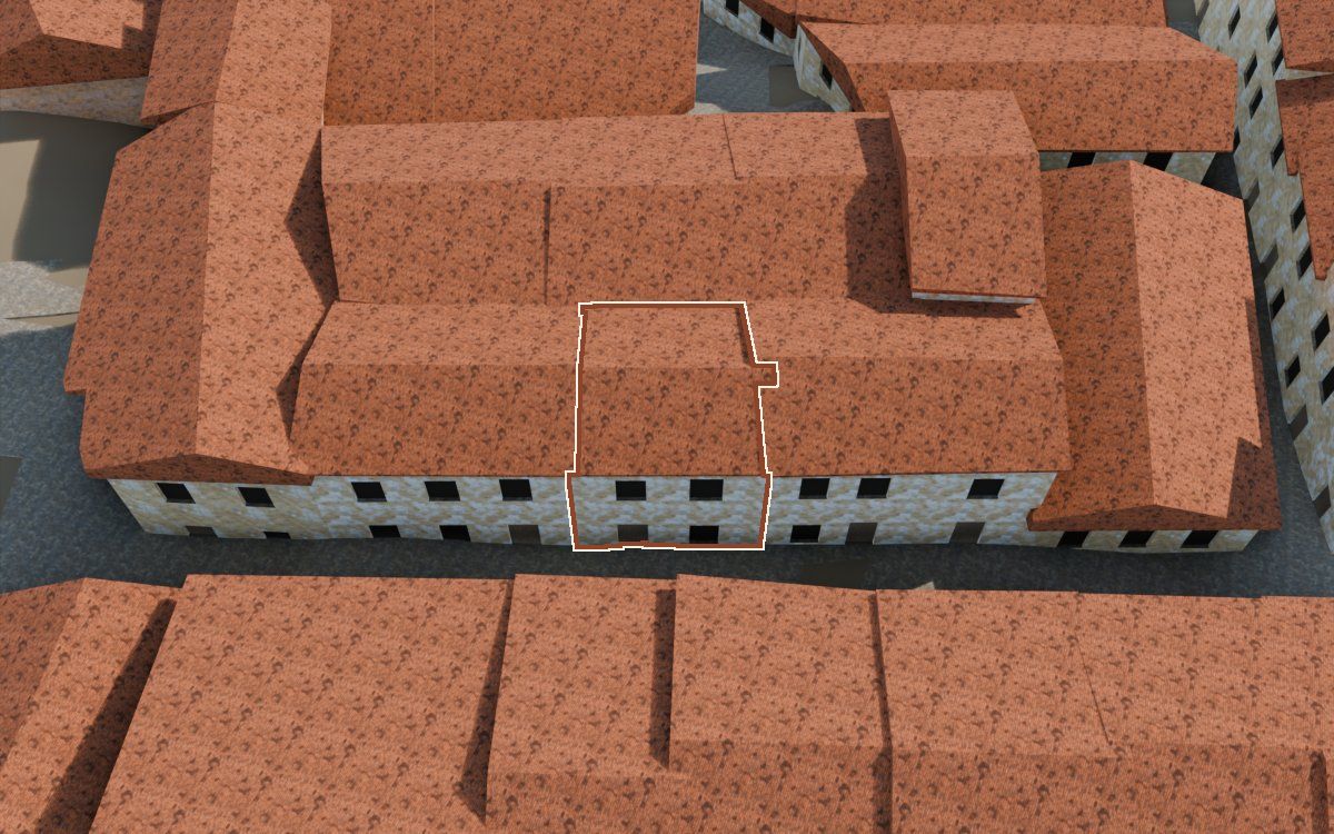 Manzana 40, n.º 3 en la reconstrucción 3D, vista desde el lado en que mejor se ve, con su contorno marcado en teja entre las casas de alrededor
