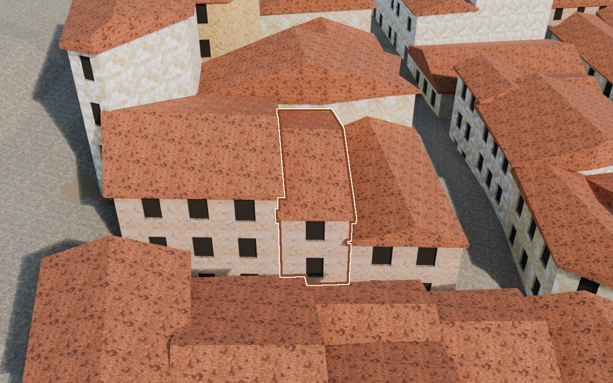Manzana 53, n.º 12 en la reconstrucción 3D, vista desde su calle, con su contorno marcado en teja entre las casas de alrededor