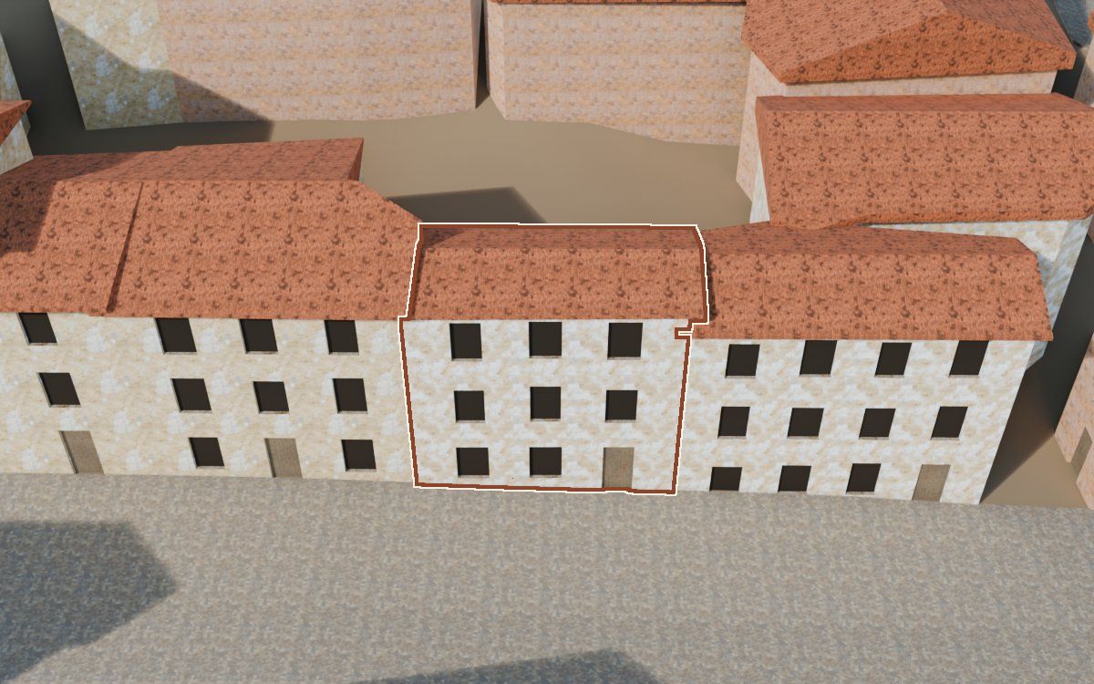 Manzana 26, n.º 28 en la reconstrucción 3D, vista desde su calle, con su contorno marcado en teja entre las casas de alrededor