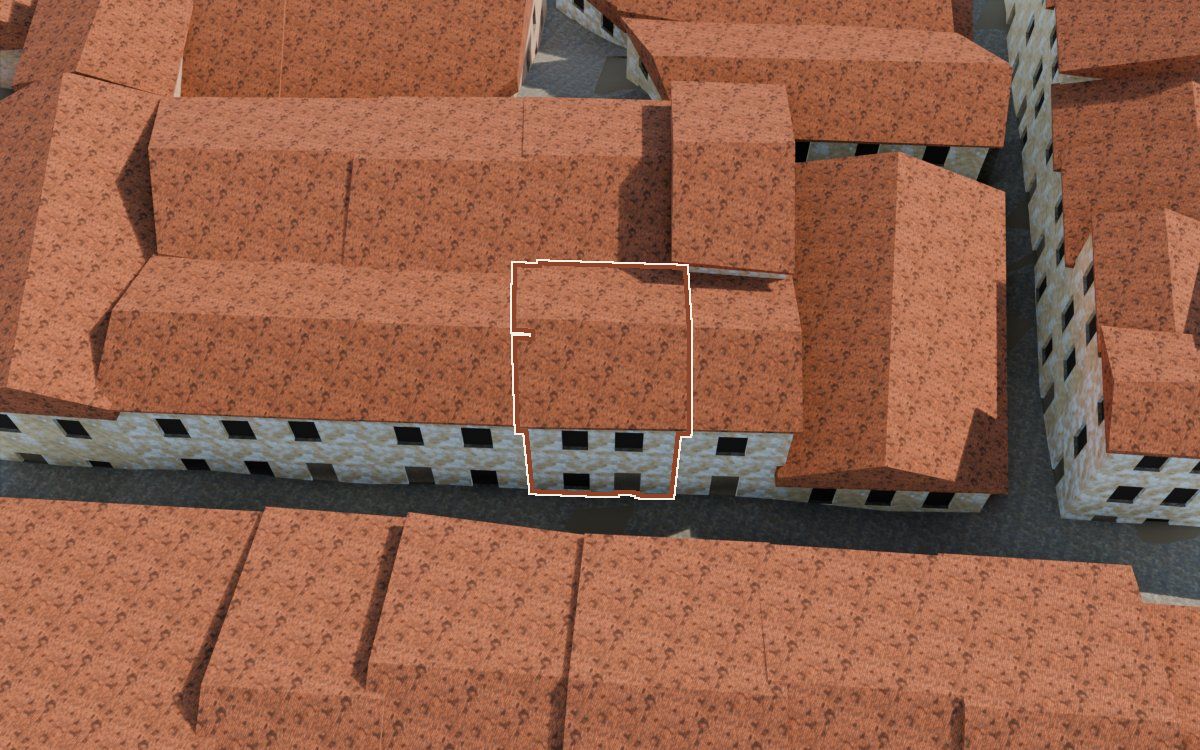 Manzana 40, n.º 2 en la reconstrucción 3D, vista desde el lado en que mejor se ve, con su contorno marcado en teja entre las casas de alrededor