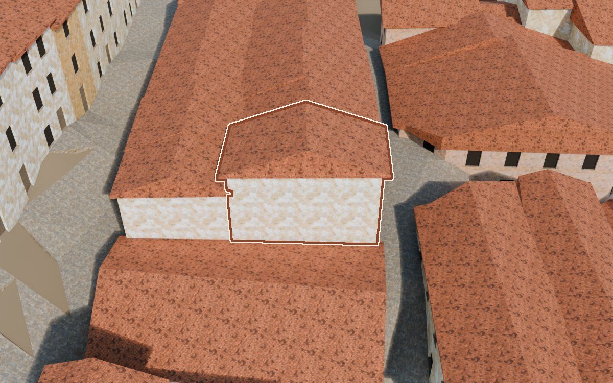 Manzana 40, n.º 13 en la reconstrucción 3D, vista desde su calle, con su contorno marcado en teja entre las casas de alrededor