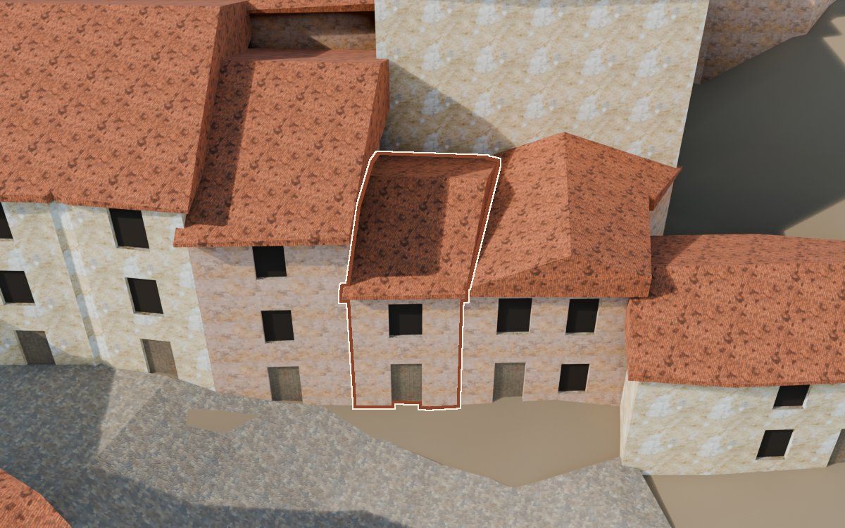 Manzana 33, n.º 25 en la reconstrucción 3D, vista desde su calle, con su contorno marcado en teja entre las casas de alrededor
