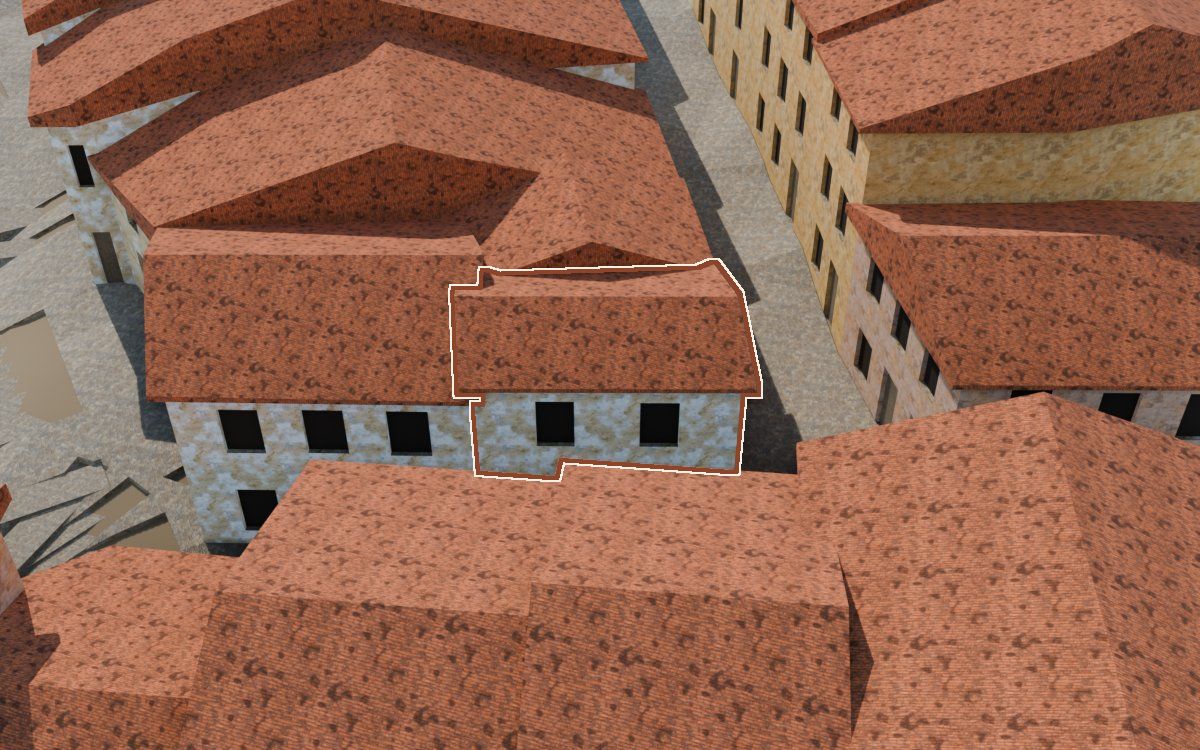 Manzana 30, n.º 18 en la reconstrucción 3D, vista desde su calle, con su contorno marcado en teja entre las casas de alrededor