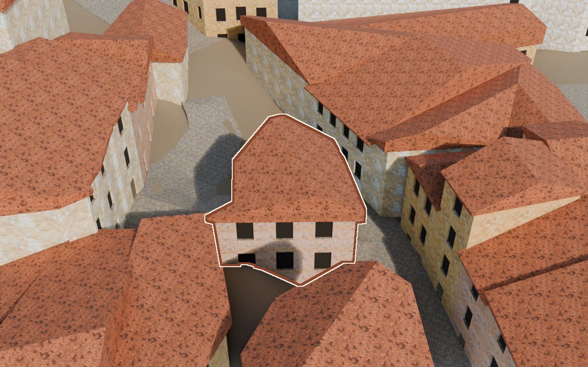 Manzana 33, n.º 3 y 22 en la reconstrucción 3D, vista desde su calle, con su contorno marcado en teja entre las casas de alrededor