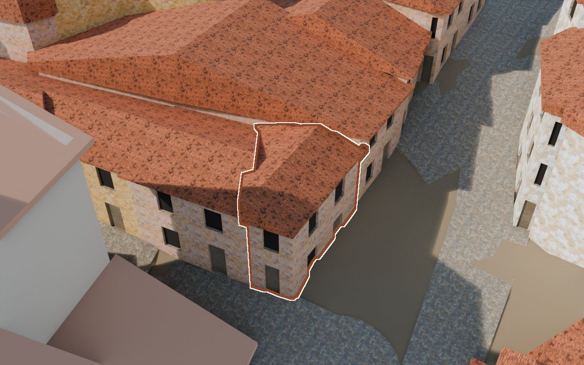 Manzana 31, n.º 1 en la reconstrucción 3D, vista desde el lado en que mejor se ve, con su contorno marcado en teja entre las casas de alrededor