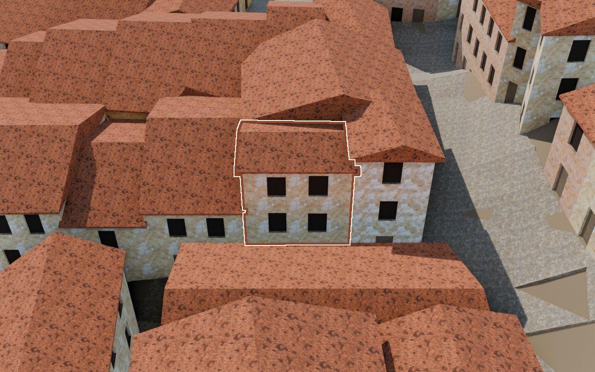 Manzana 32, n.º 17 en la reconstrucción 3D, vista desde su calle, con su contorno marcado en teja entre las casas de alrededor