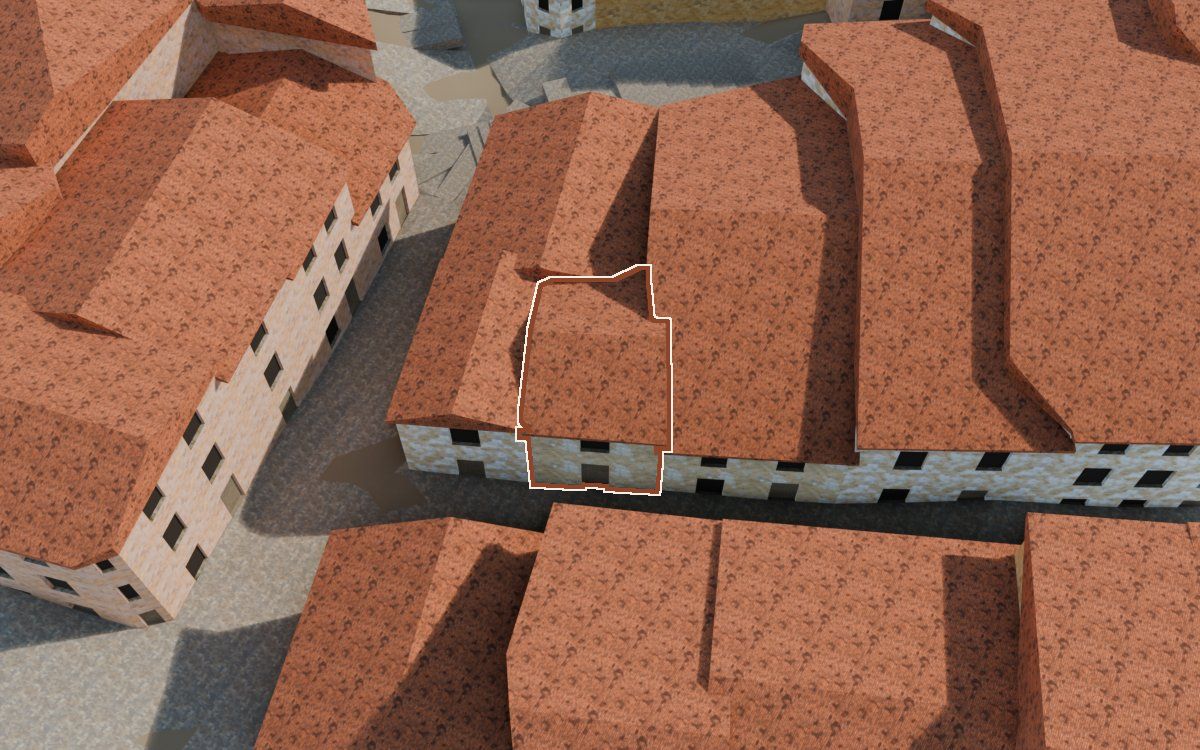 Manzana 30, n.º 17 en la reconstrucción 3D, vista desde el lado en que mejor se ve, con su contorno marcado en teja entre las casas de alrededor