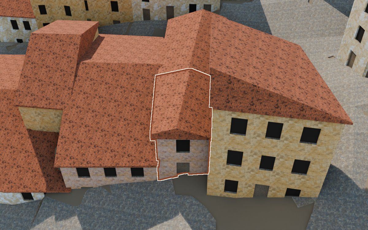 Manzana 29, n.º 3 en la reconstrucción 3D, vista desde el lado en que mejor se ve, con su contorno marcado en teja entre las casas de alrededor