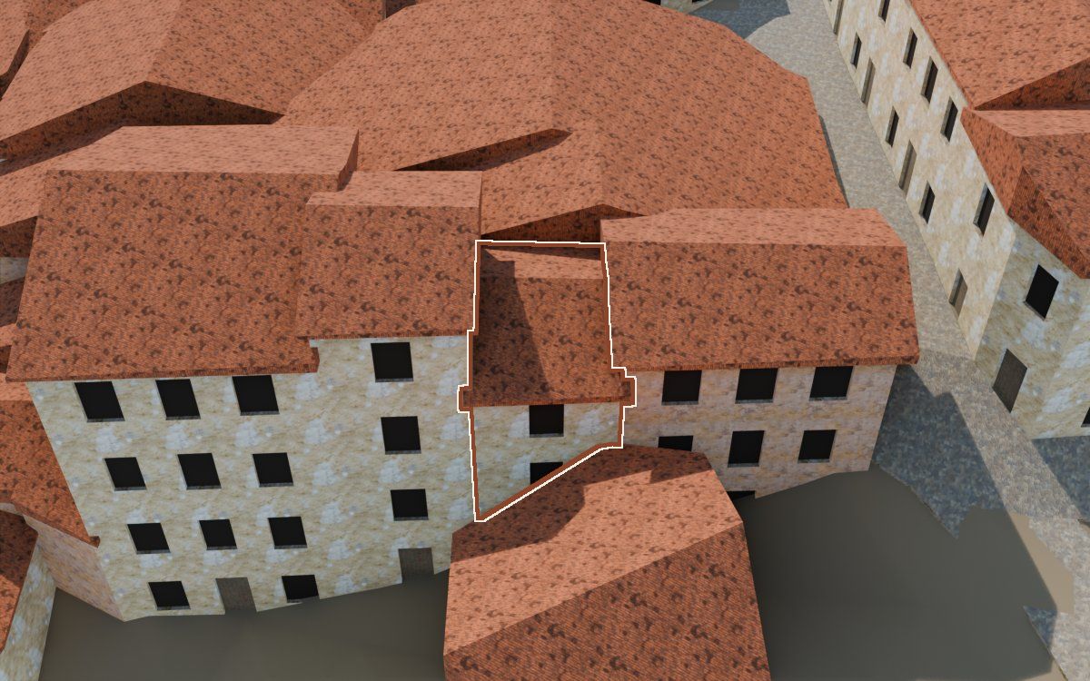 Manzana 33, n.º 7 en la reconstrucción 3D, vista desde el lado en que mejor se ve, con su contorno marcado en teja entre las casas de alrededor