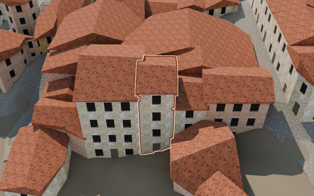 Manzana 33, n.º 6 en la reconstrucción 3D, vista desde el lado en que mejor se ve, con su contorno marcado en teja entre las casas de alrededor