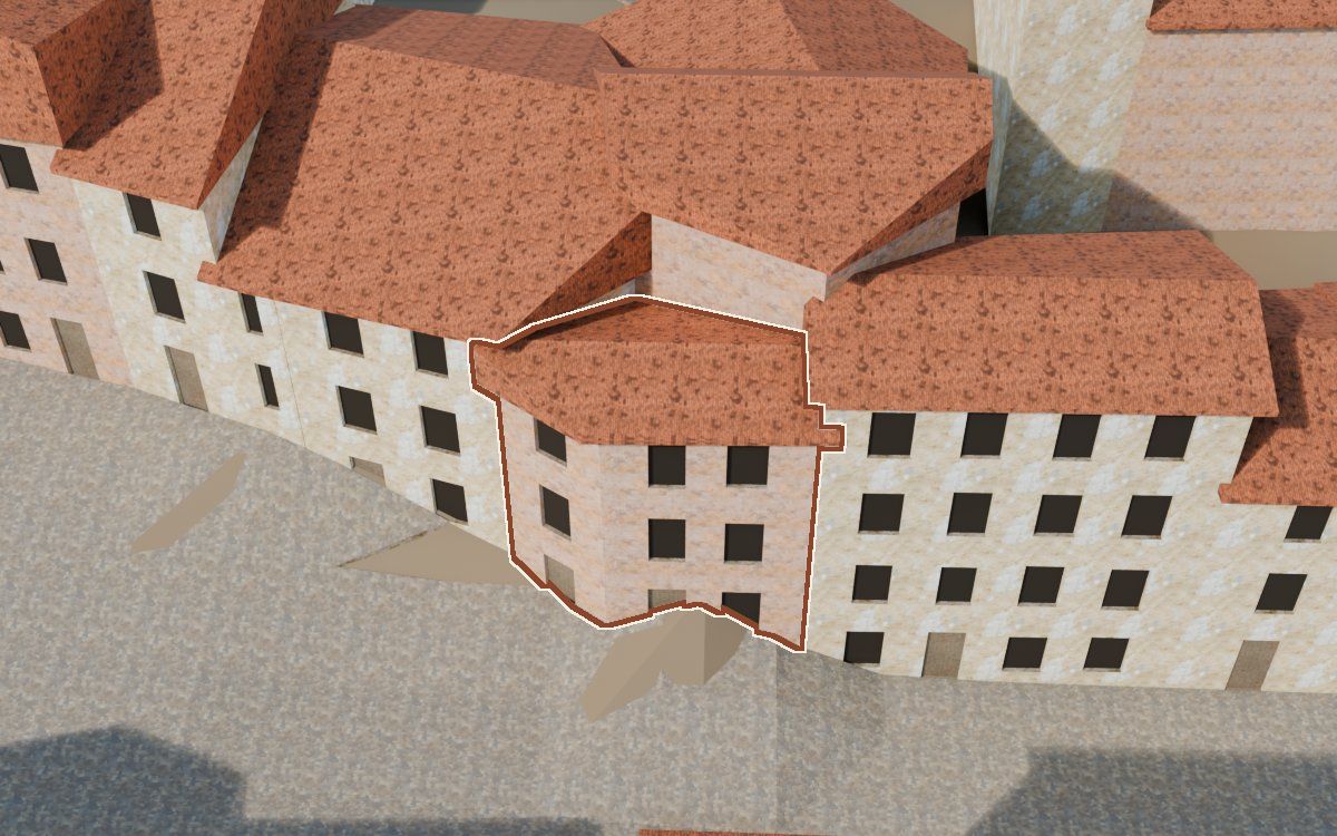 Manzana 26, n.º 23 en la reconstrucción 3D, vista desde su calle, con su contorno marcado en teja entre las casas de alrededor