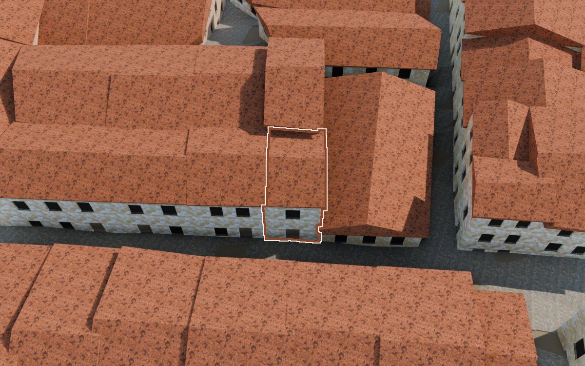 Manzana 40, n.º 1 en la reconstrucción 3D, vista desde el lado en que mejor se ve, con su contorno marcado en teja entre las casas de alrededor